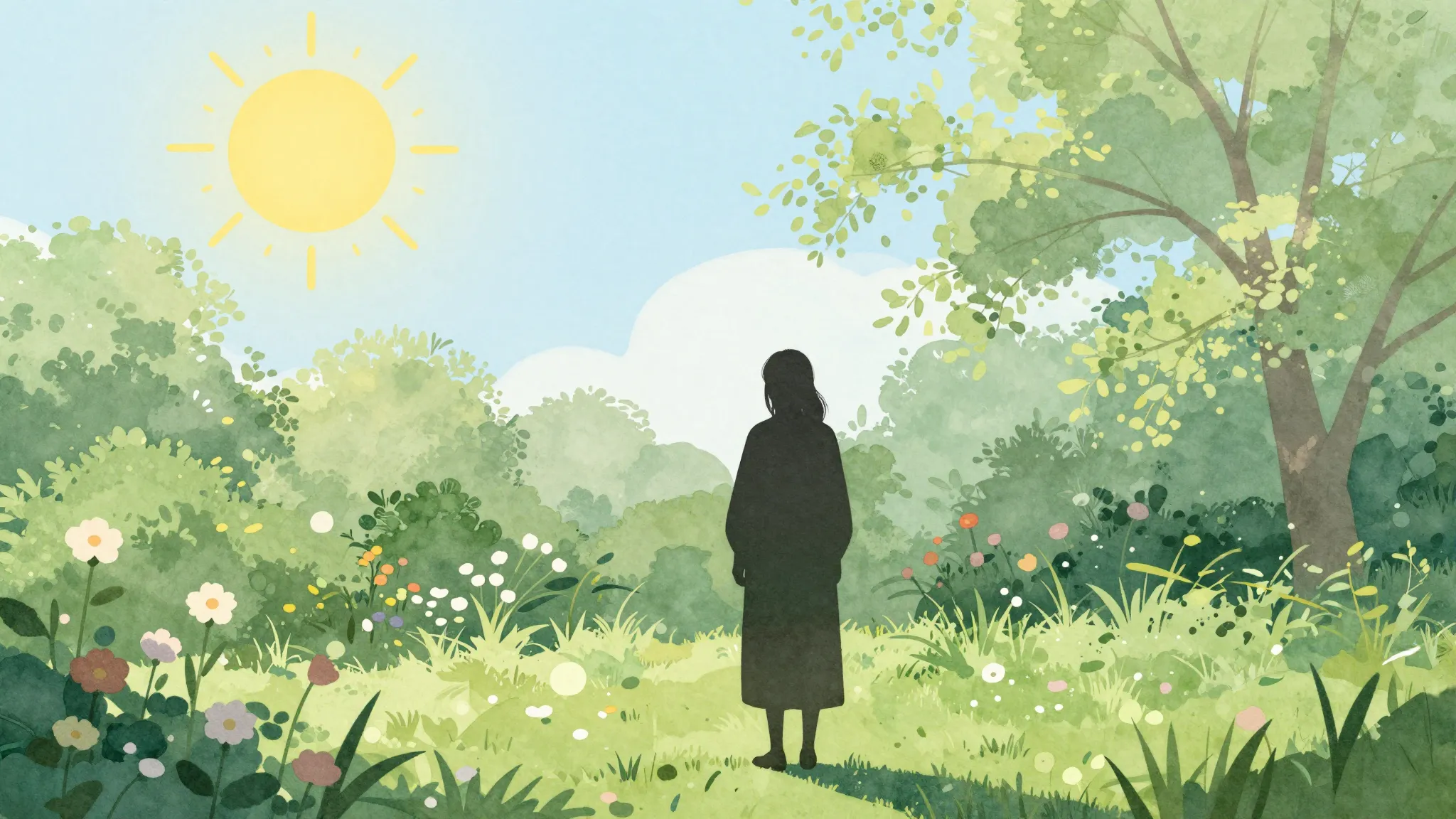 Watercolor style. Silhouette of a person standing in a lush ...