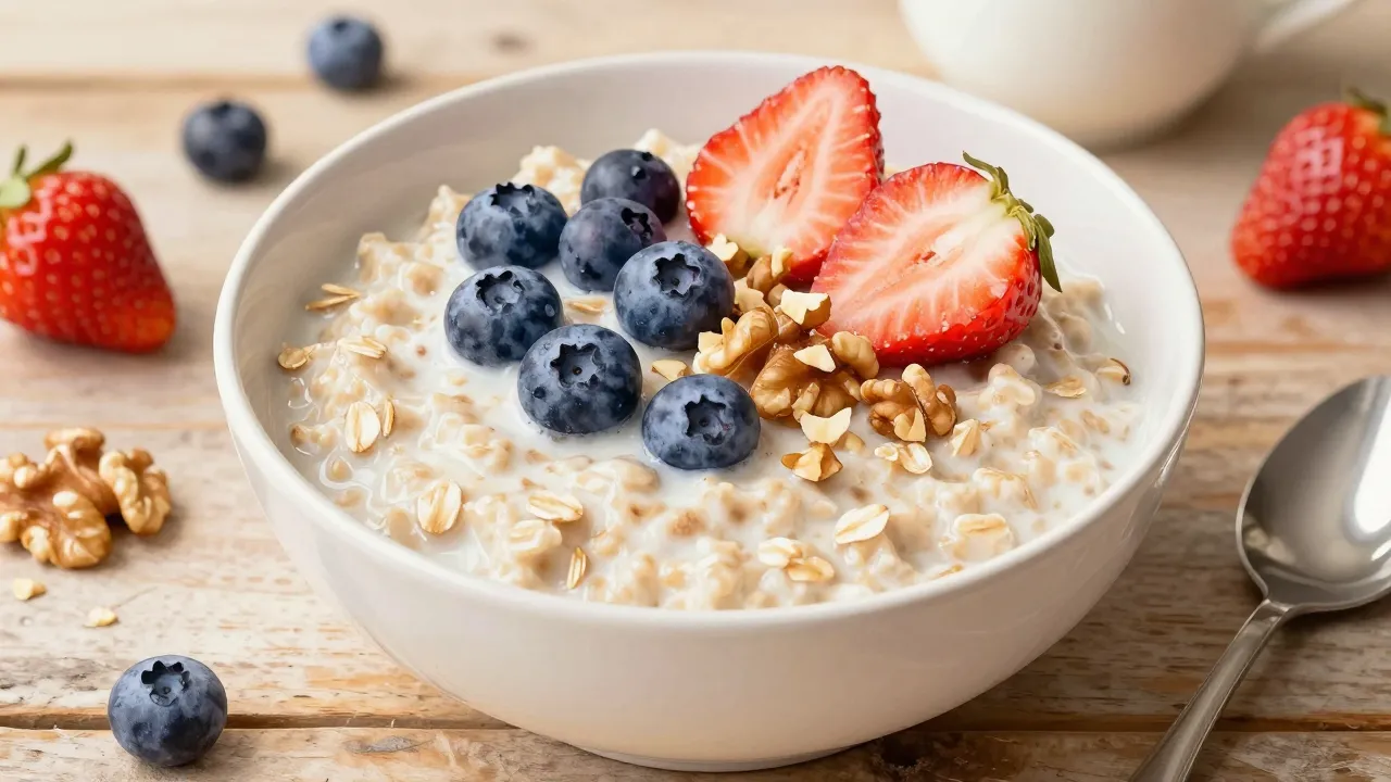 Watercolor style. A cozy bowl of creamy oatmeal topped with ...