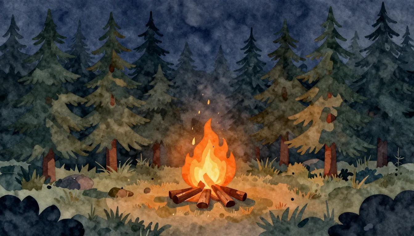 Watercolor style. Cozy campfire in a dense pine forest at ni...