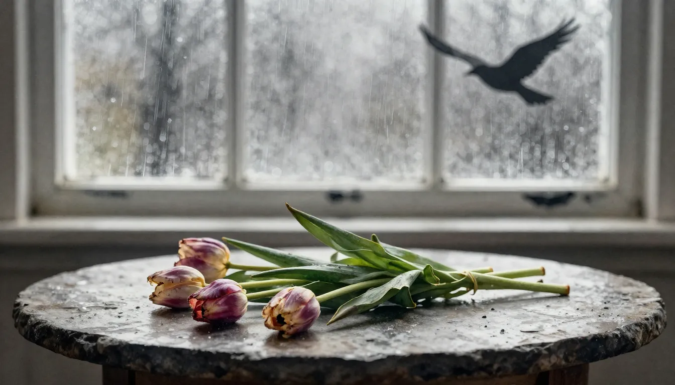 Watercolor style. A lonely bouquet of withered tulips on a c...