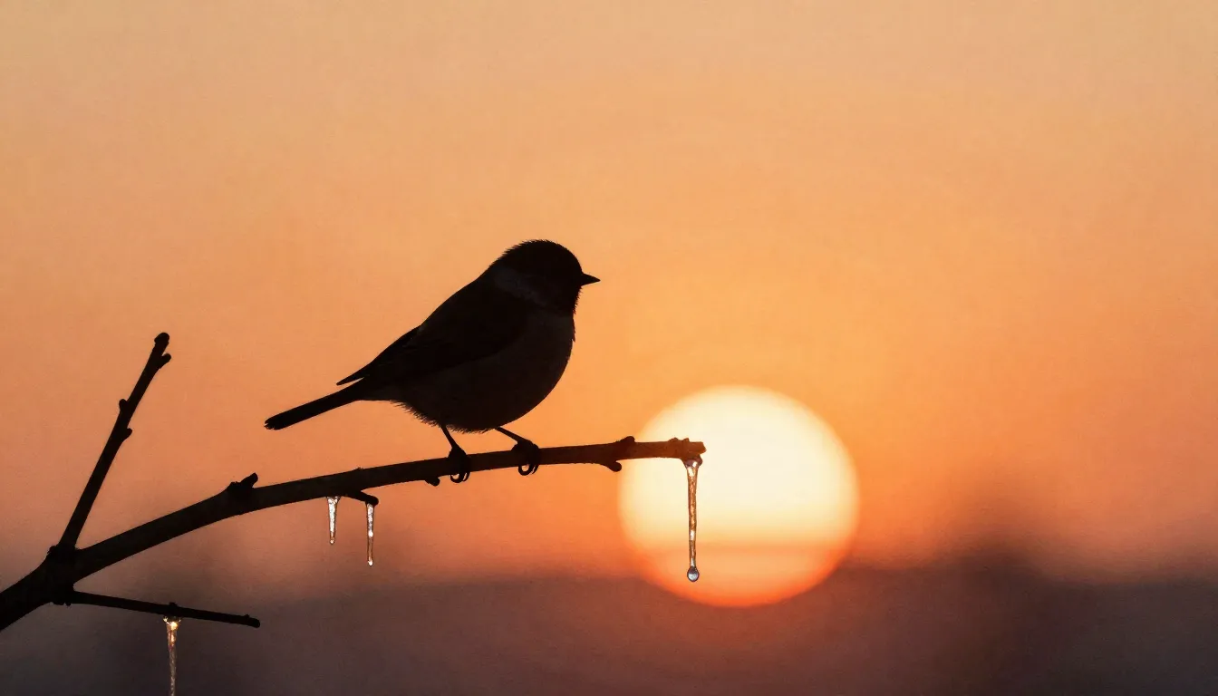 Watercolor style. A silhouette of a small bird on a thin bra...