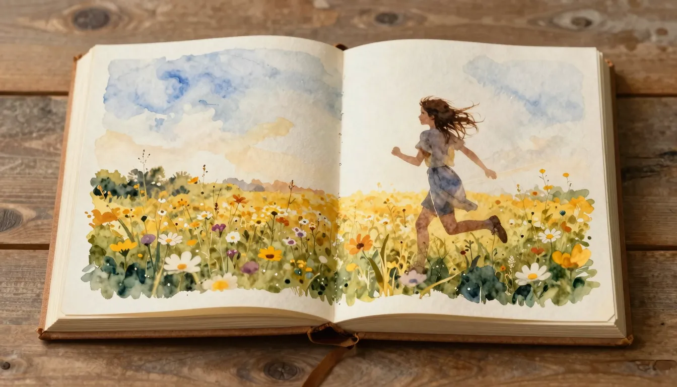 Watercolor style. An open old photo album on a wooden table,...