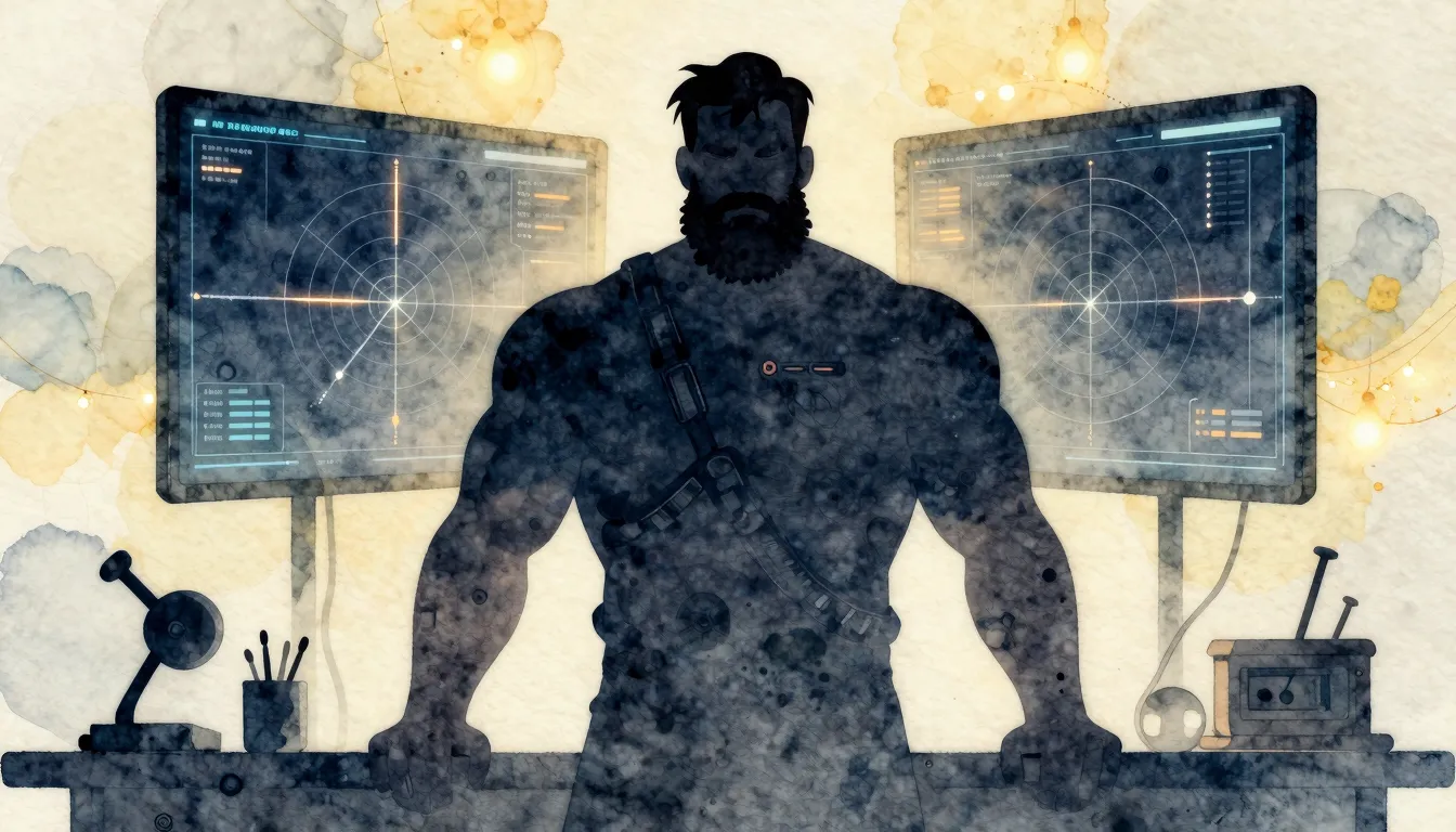 Watercolor style. A silhouette of a large bearded man with m...