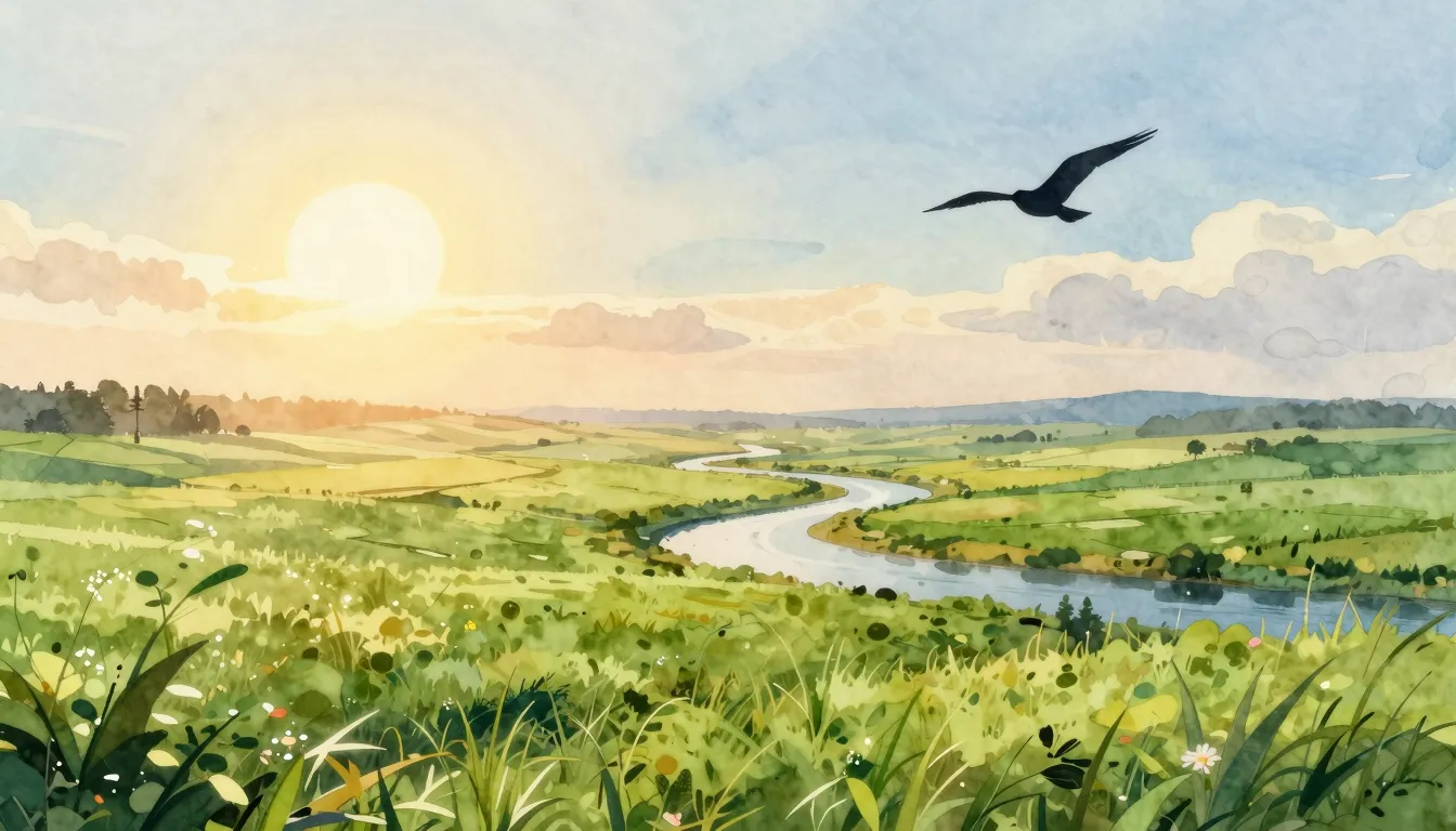 Watercolor style. A beautiful landscape with endless green f...