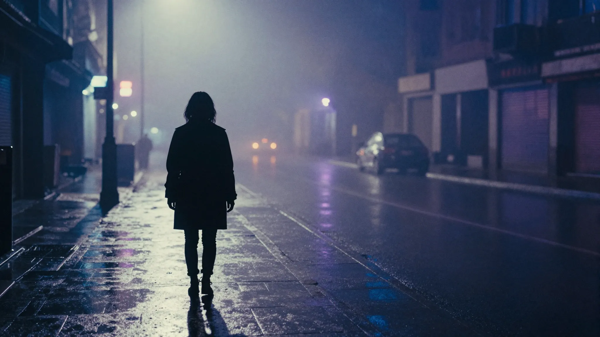 Watercolor style. A dark silhouette of a person standing alo...