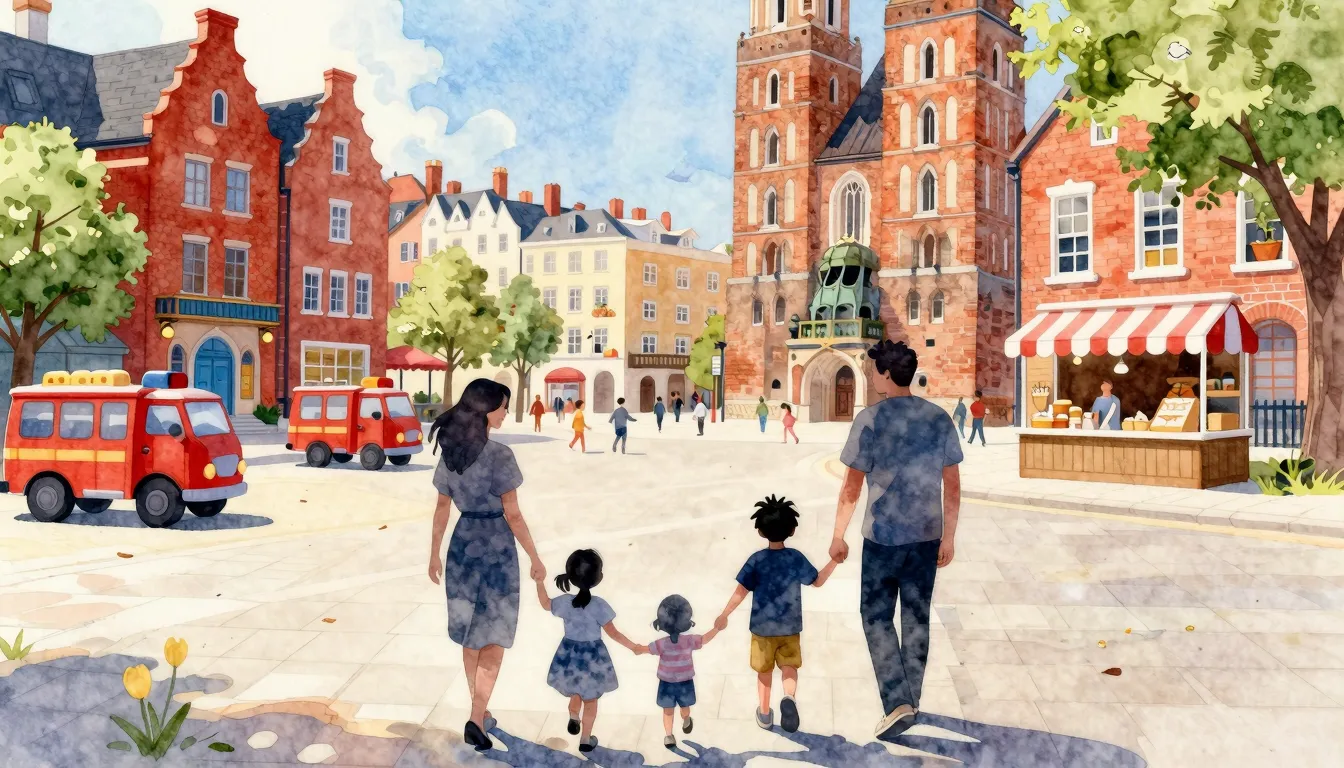 Watercolor style. Happy children silhouettes and parents wal...