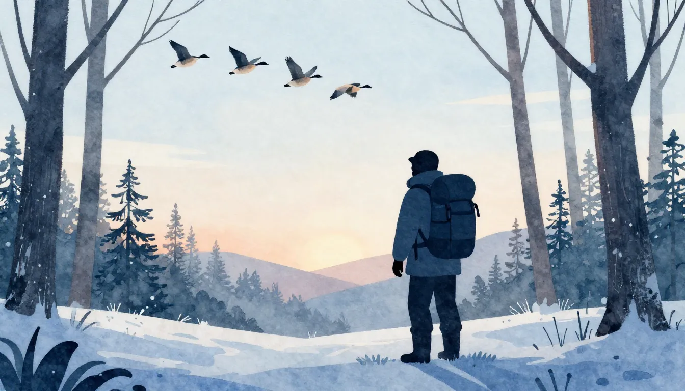 Watercolor style. Silhouette of a hunter with a heavy backpa...