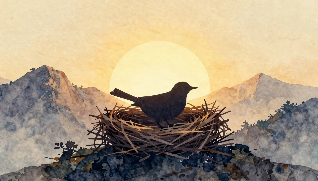 Watercolor style. A stylized silhouette of a bird in a nest ...