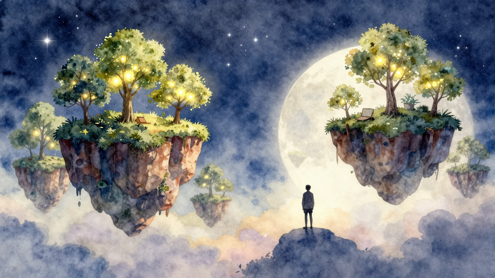 Watercolor style. Surreal landscape of a comfortable planet,...