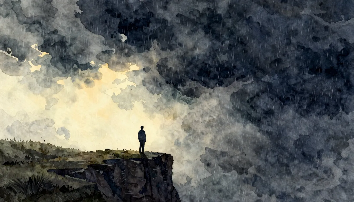 Watercolor style. A serene landscape with a calm, glowing da...