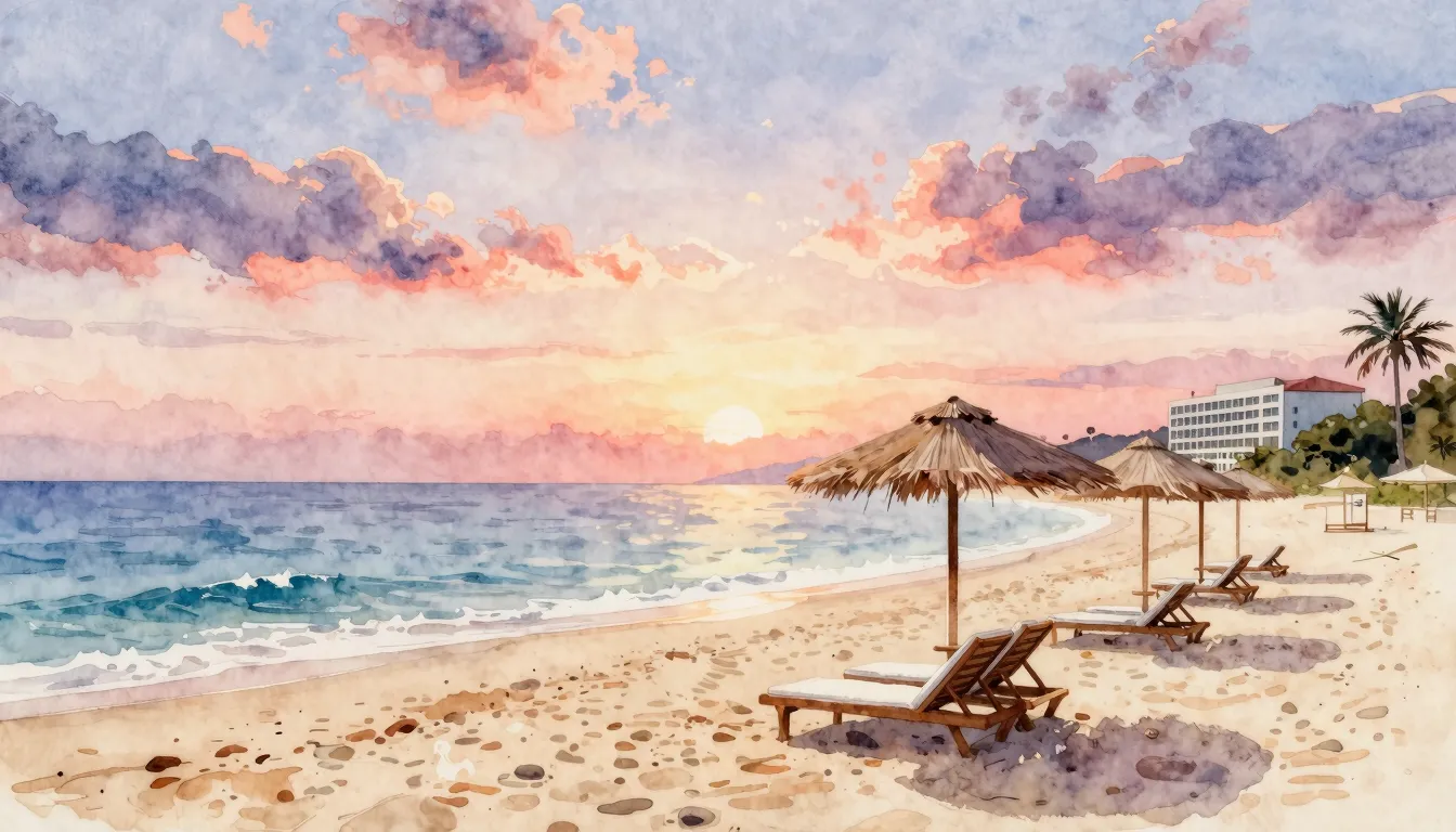Watercolor style. Beautiful sandy beach with sun umbrellas a...