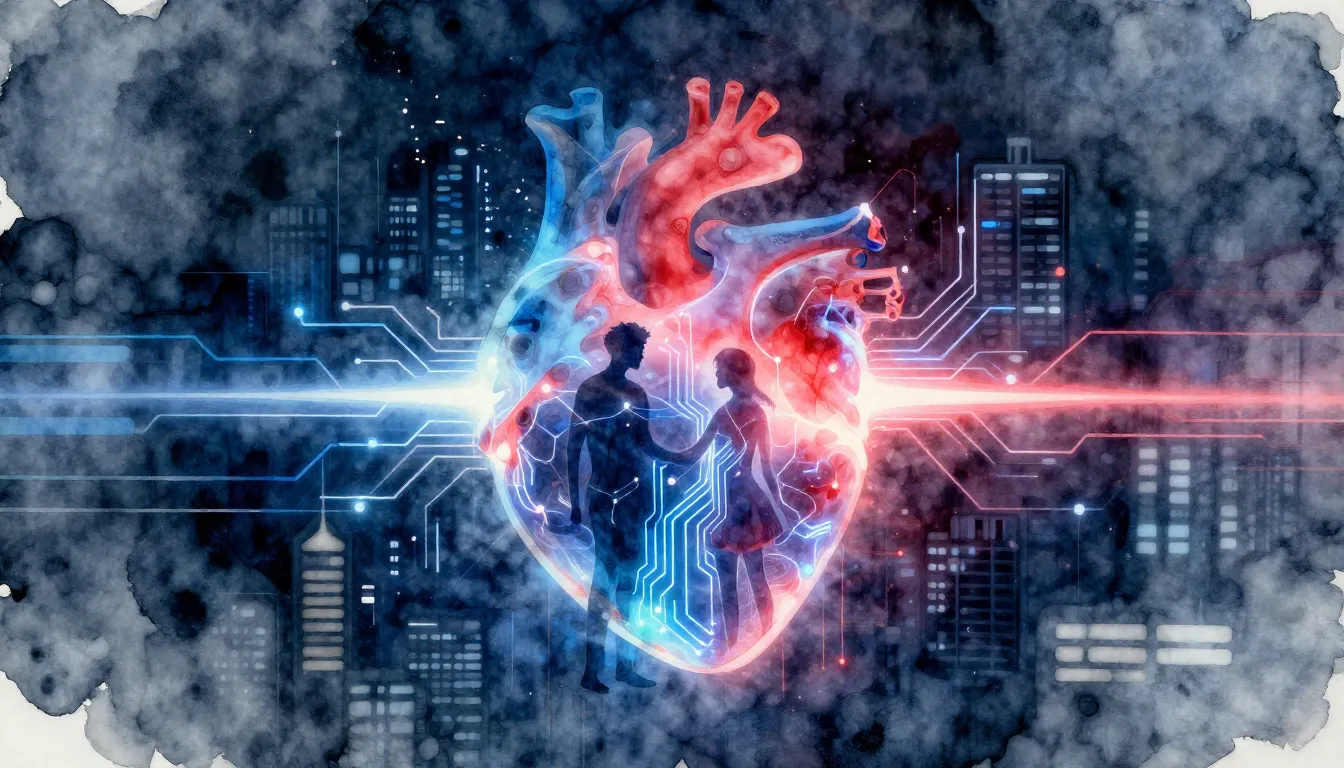 Watercolor style. Abstract digital heart pulsing with neon b...