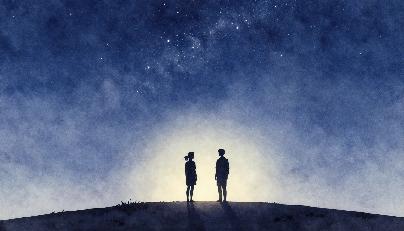 Watercolor style. Silhouette of two figures standing on a hi...