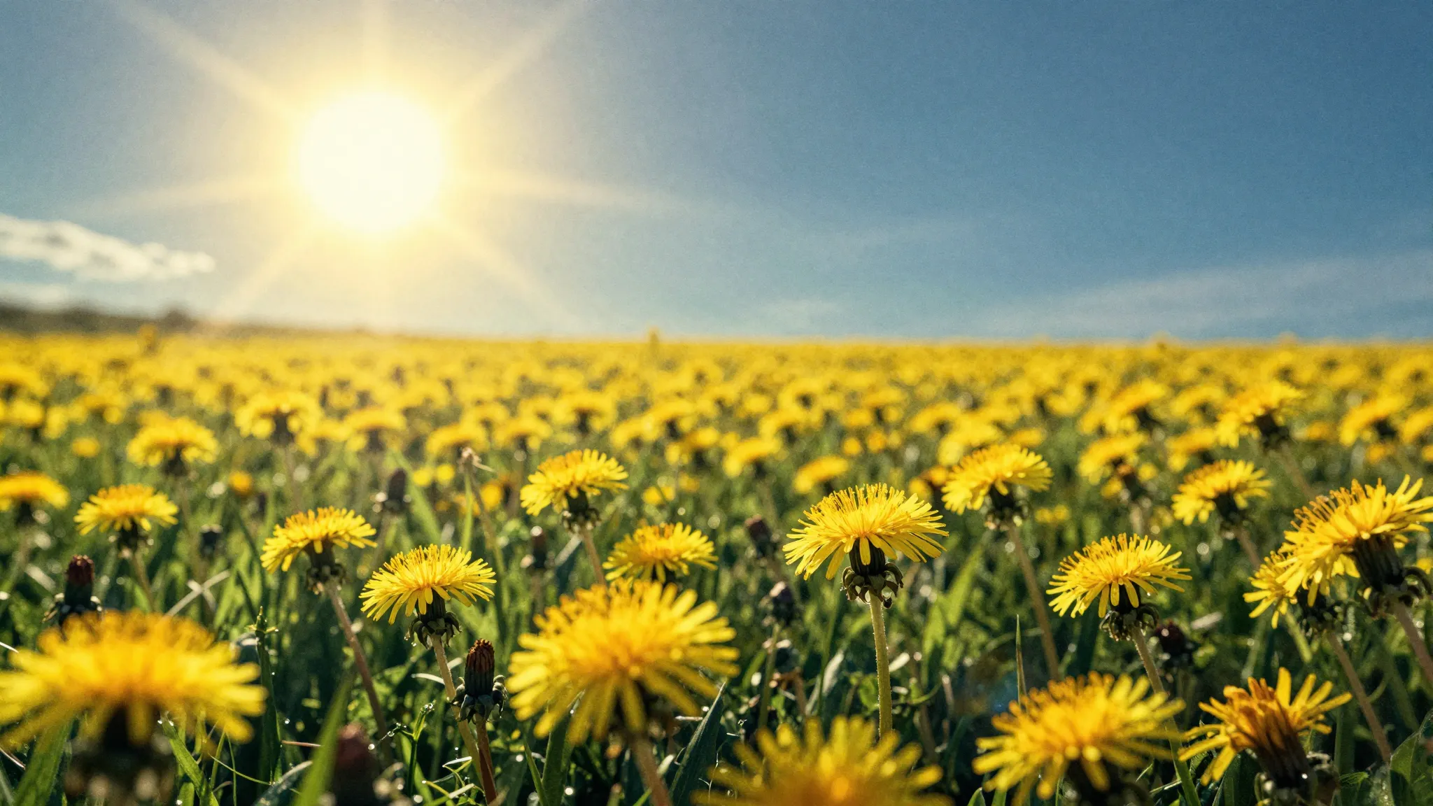 Watercolor style. A vast field of bright yellow dandelions u...