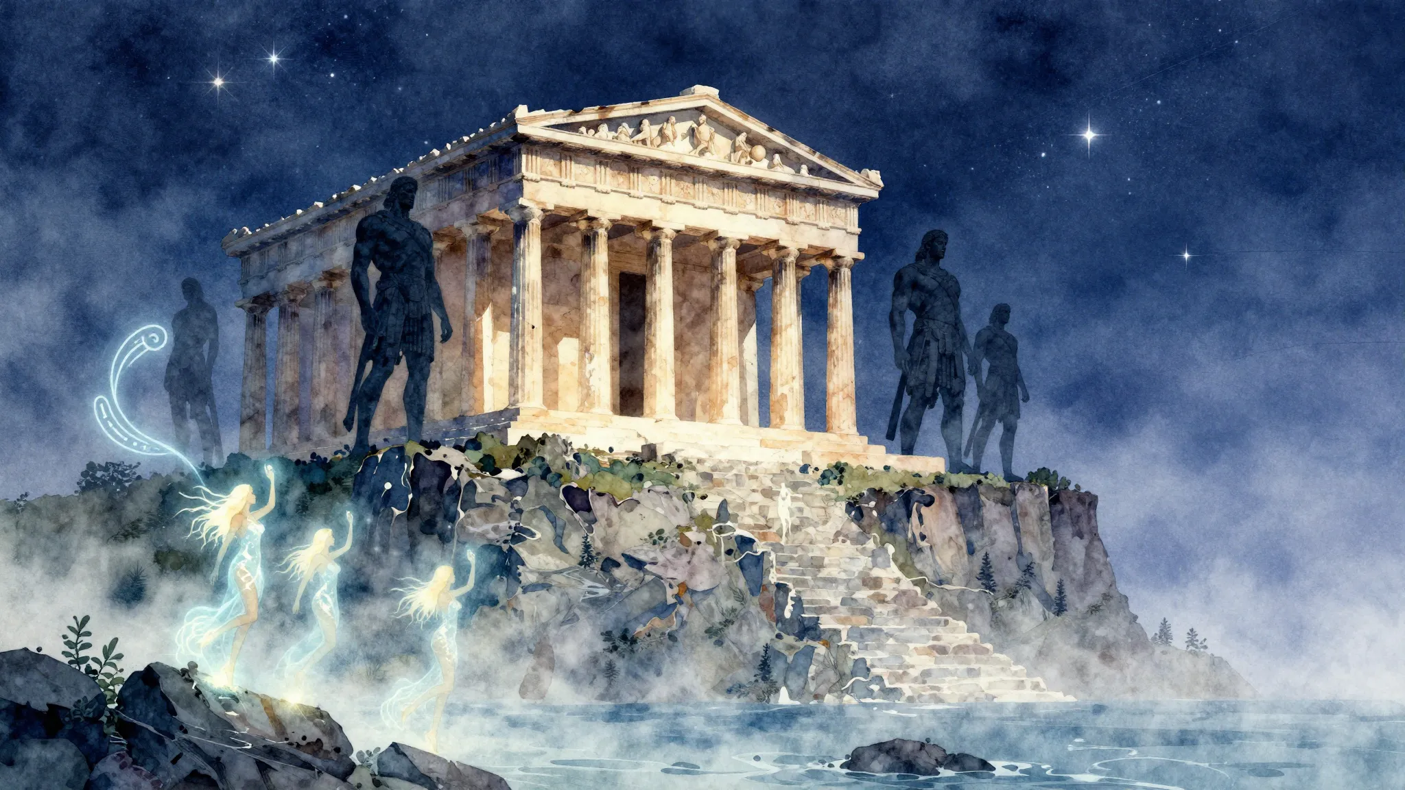 Watercolor style. A majestic ancient Greek temple on a high ...