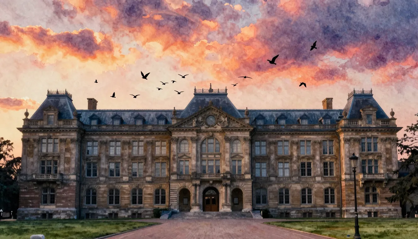 Watercolor style. A grand, ornate school building at sunset,...