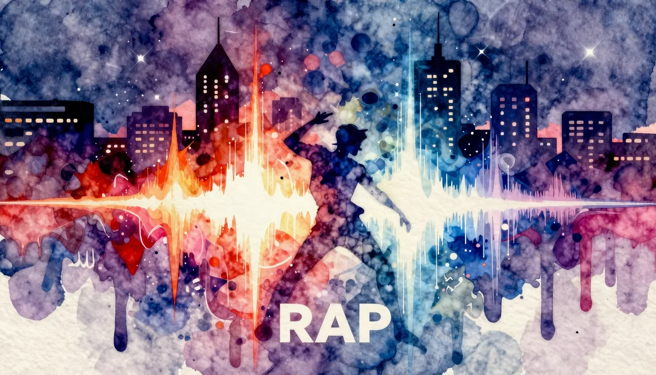 Vibrant watercolor style. Dynamic rap album cover, street ar...