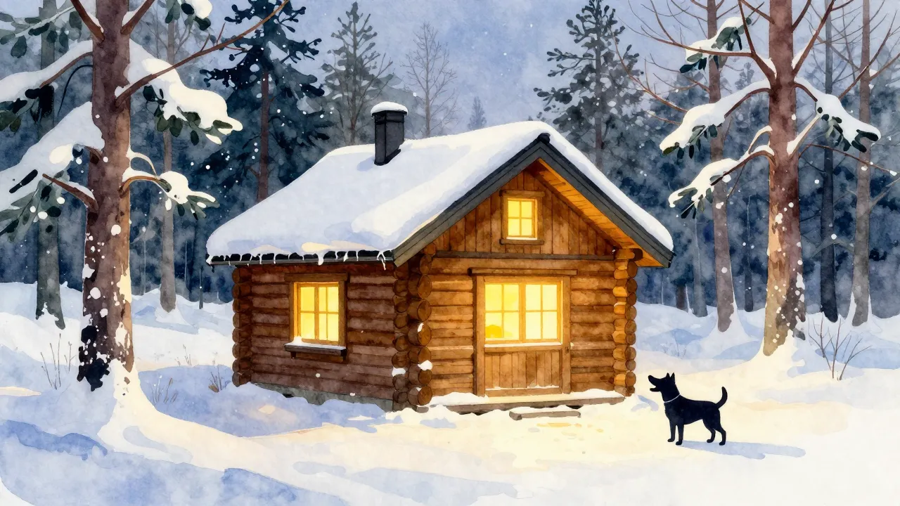 Vibrant watercolor style. A cozy log cabin in a snowy Swedis...