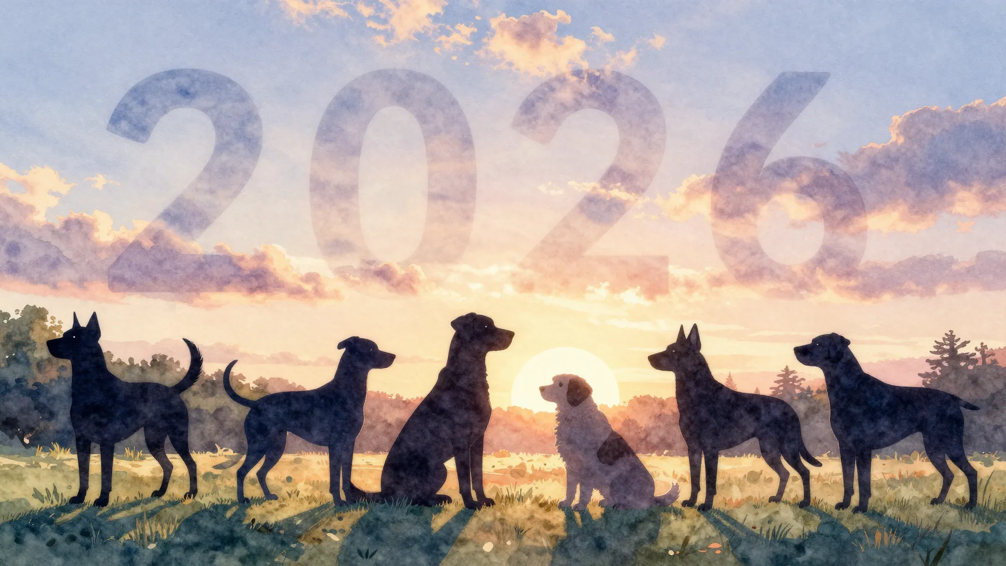 Watercolor style. Stylized silhouettes of various dog breeds...