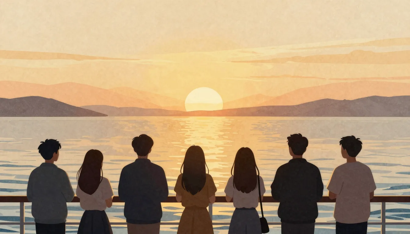 Watercolor style. A stylized silhouette of a group of friend...