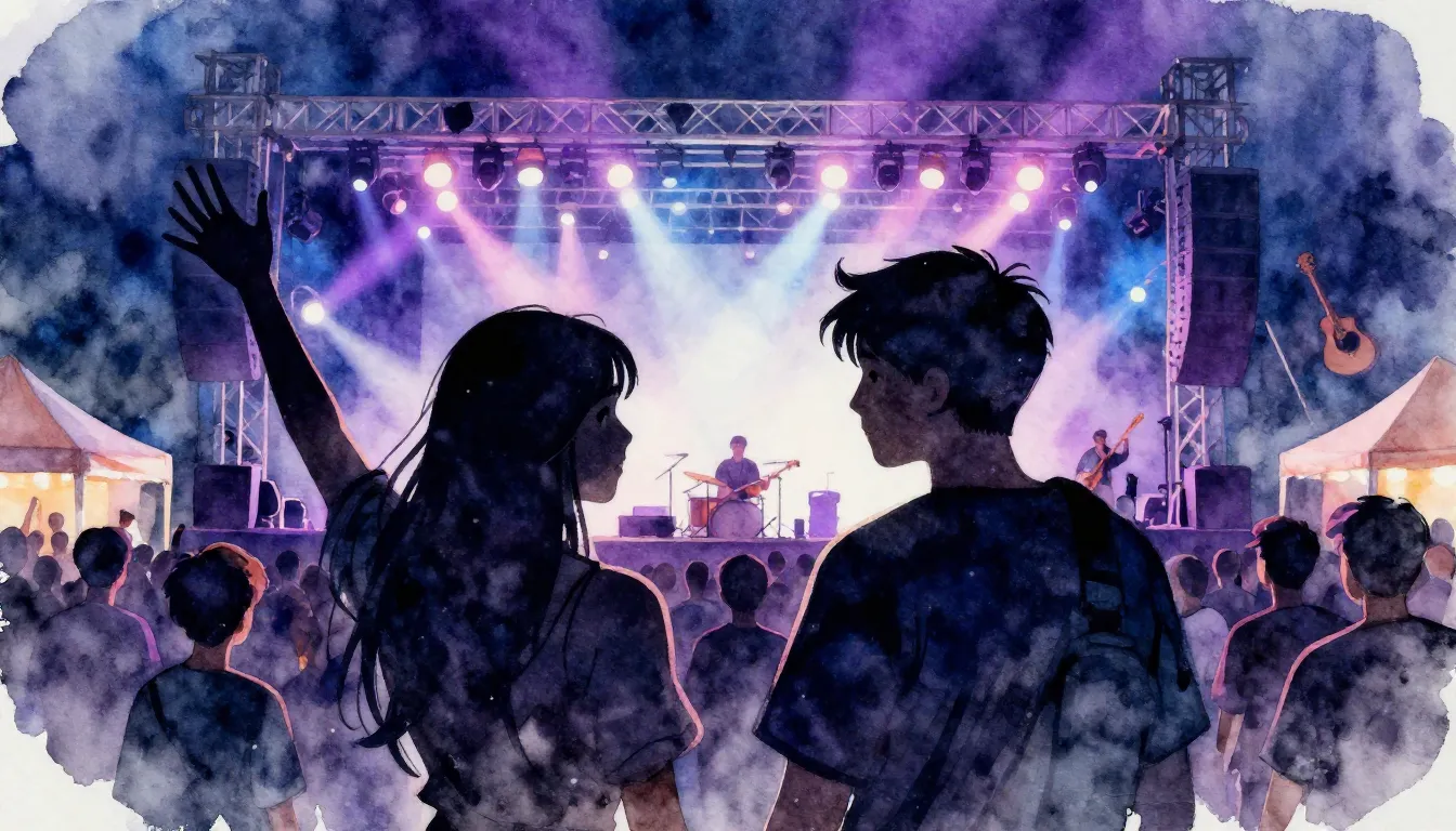 Watercolor style. Silhouettes of two teenagers at a rock con...