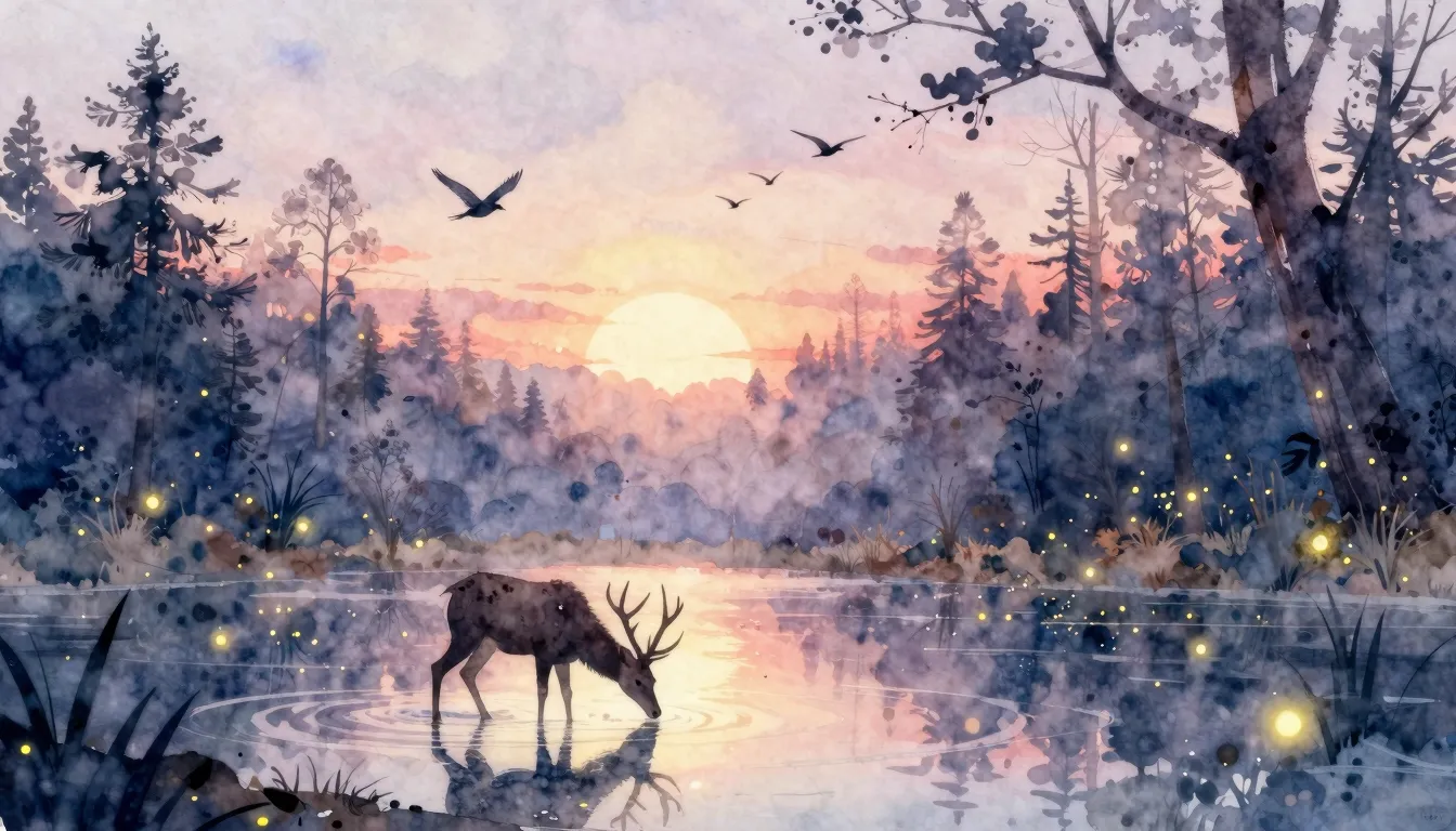 Watercolor style. A serene landscape at dawn, a silhouette o...