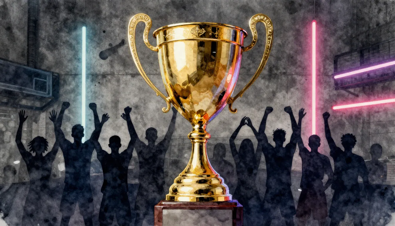 Watercolor style. Golden trophy cup on a dark concrete backg...