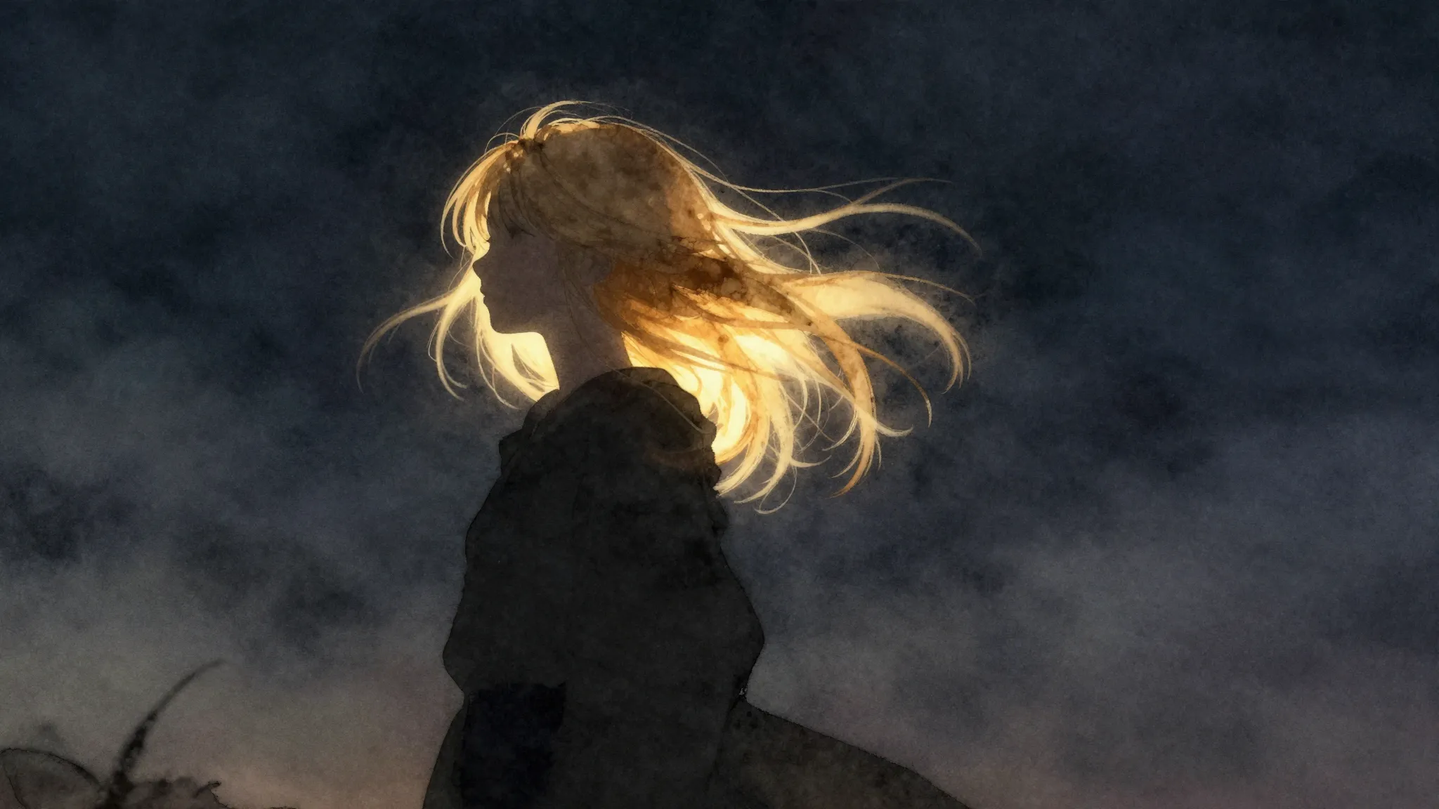 Watercolor style. A dark silhouette of a girl with glowing g...
