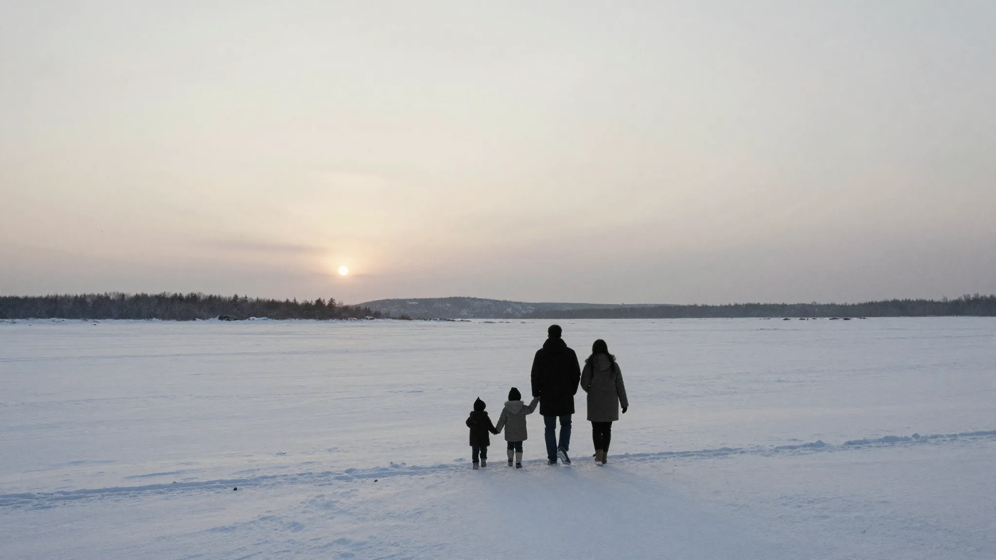 Watercolor style. A silhouette of a family walking towards a...
