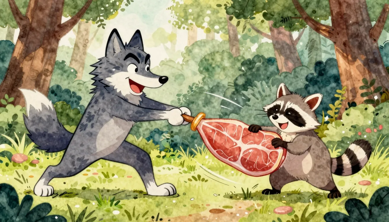 Watercolor style. A cartoon wolf and a raccoon comically fig...