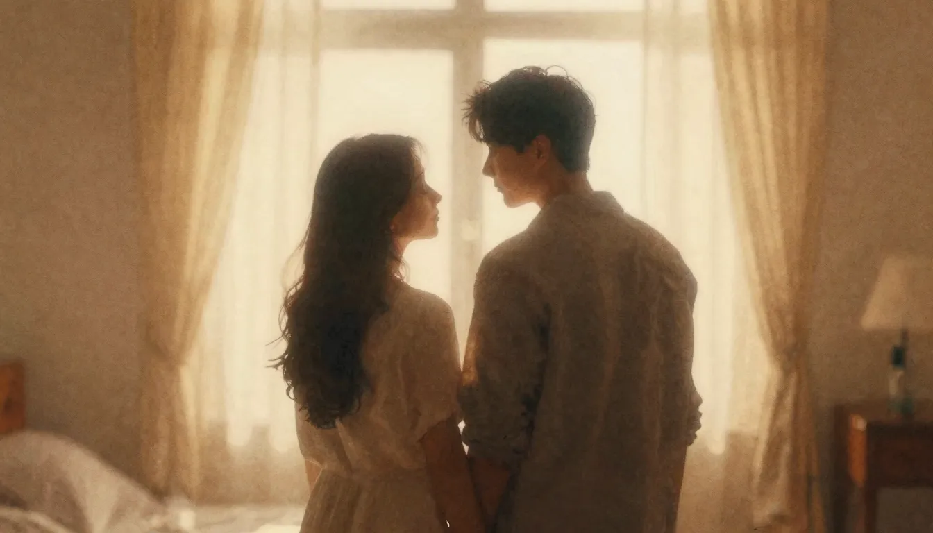 Watercolor style. A soft-focus silhouette of a couple in a d...
