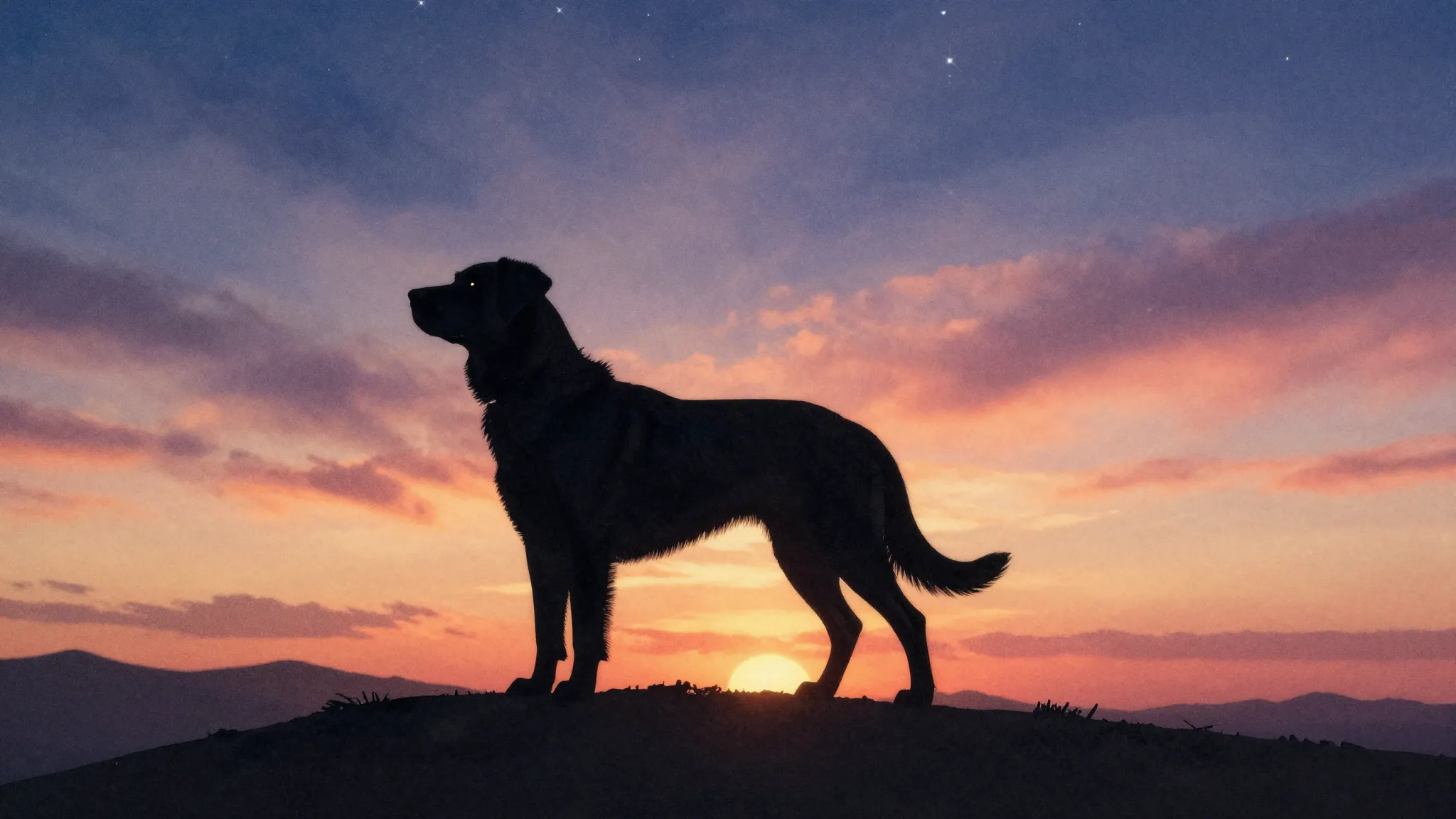 Watercolor style. Silhouette of a majestic large dog standin...