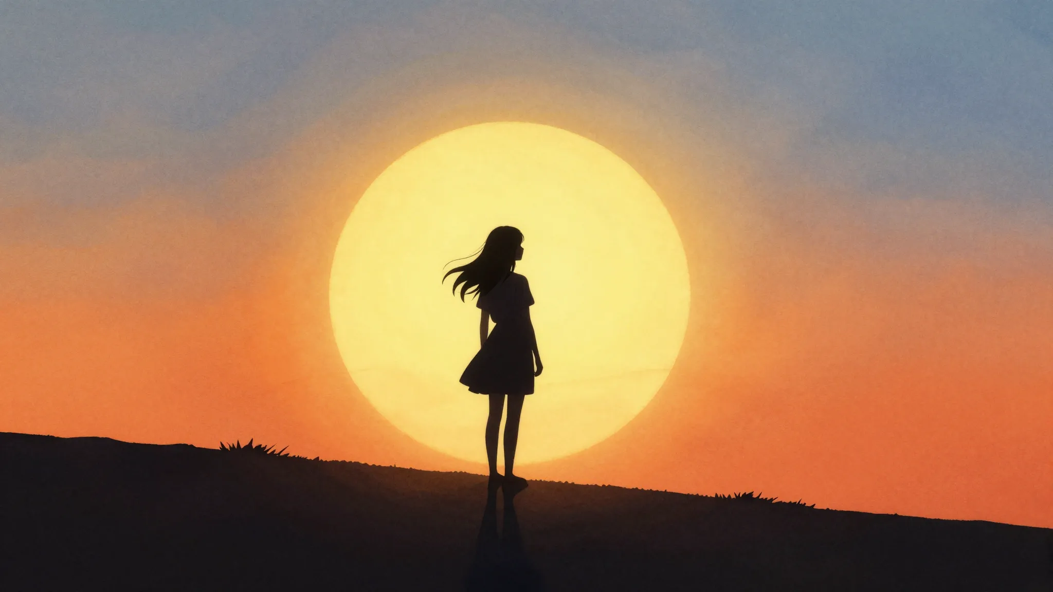 Watercolor style. A dark silhouette of a graceful girl stand...