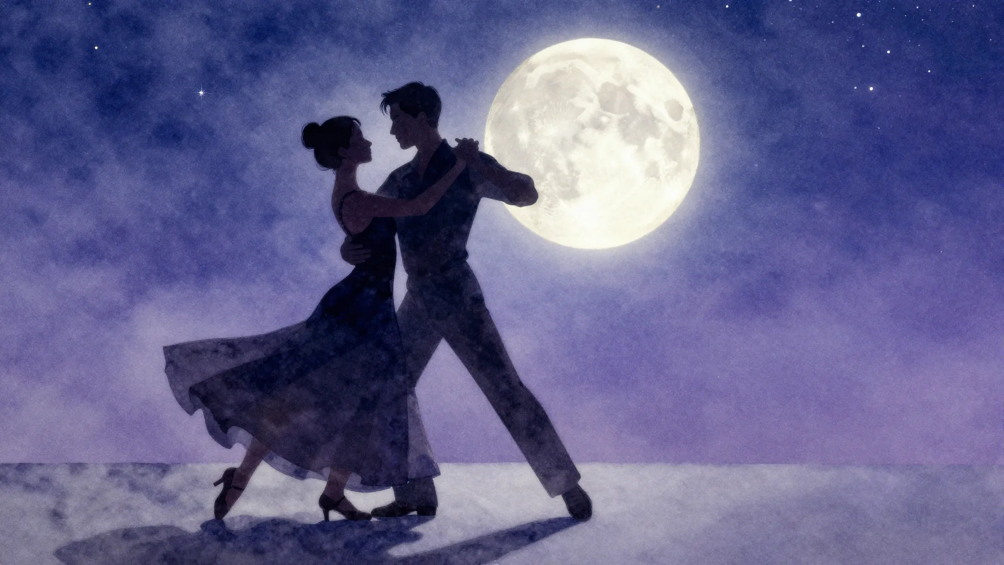 Watercolor style. A silhouette of a couple dancing a waltz u...