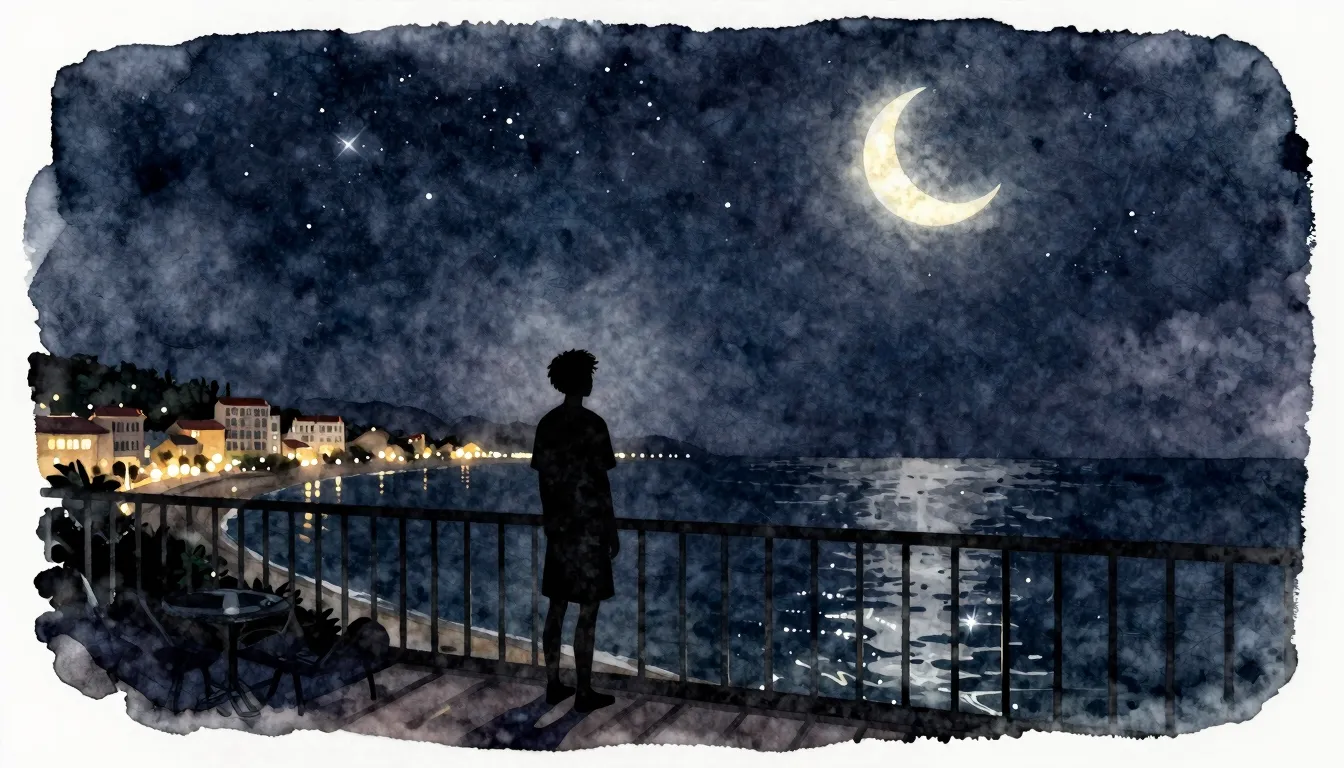 Watercolor style. A lonely silhouette stands on a balcony at...
