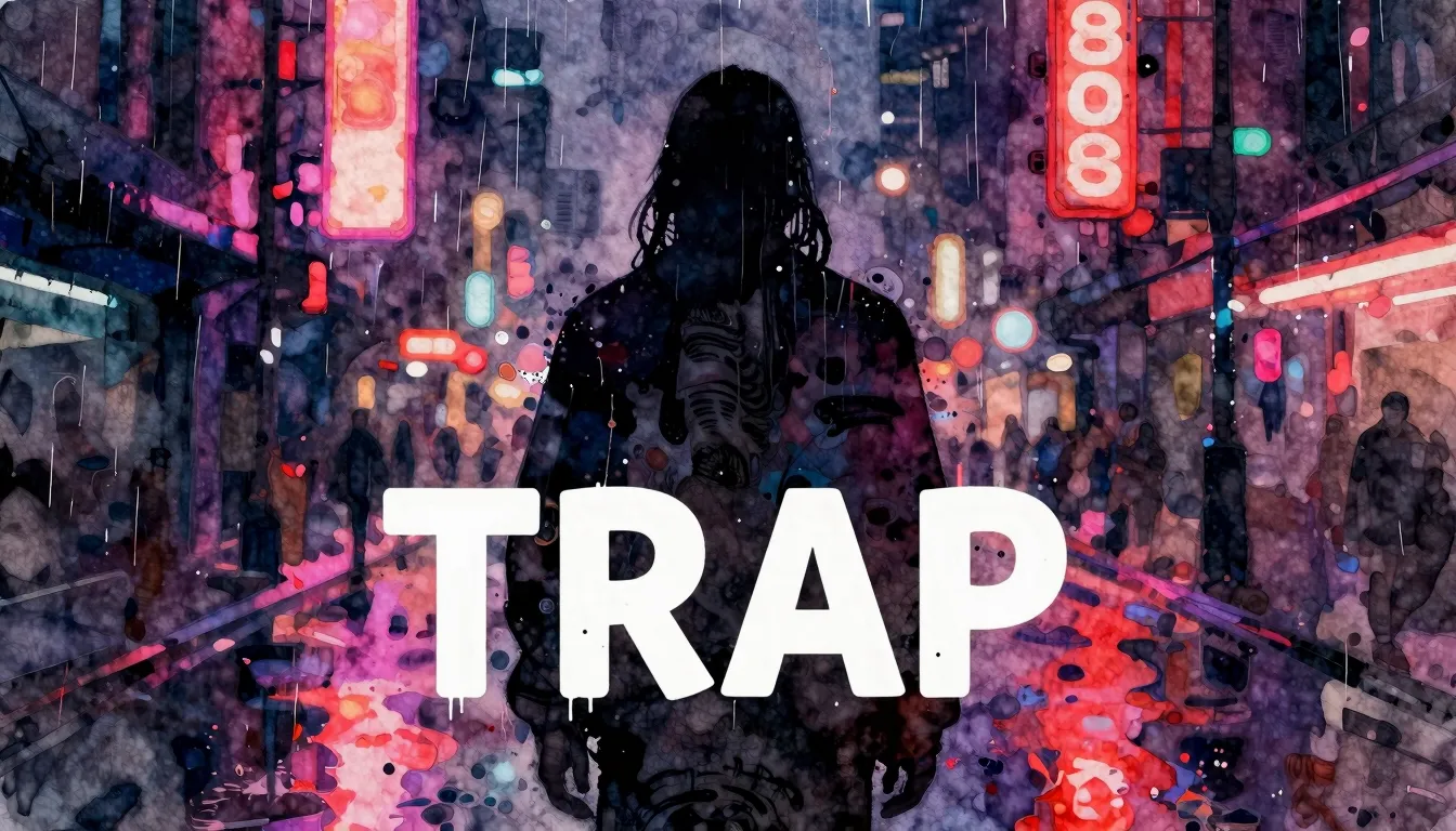 Vibrant watercolor style. Trap album cover, dark, gritty, ur...