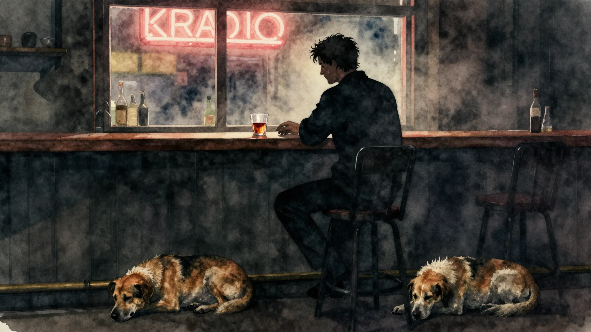 Watercolor style. A silhouette of a man sitting at a dimly l...