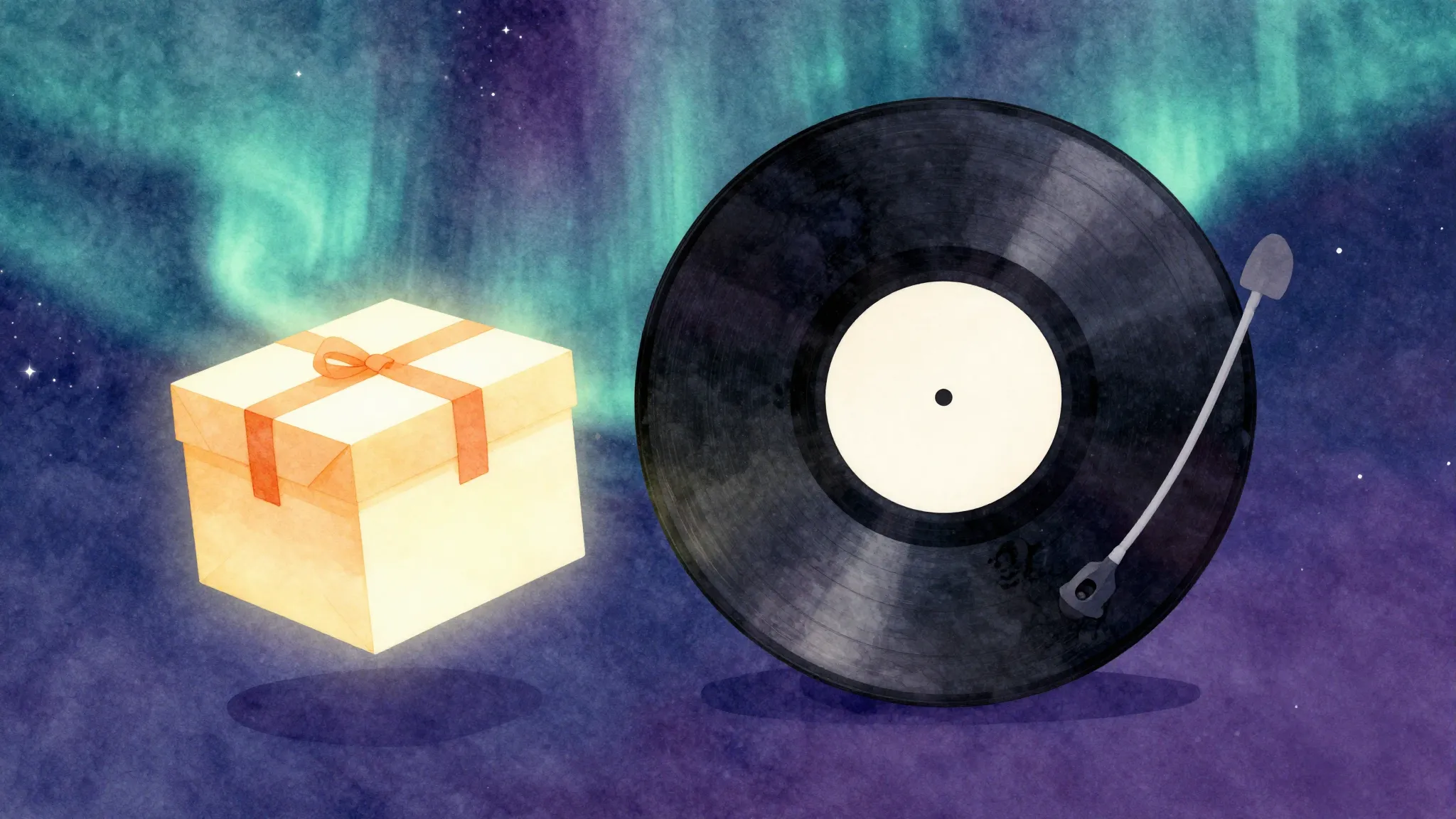 Watercolor style. A stylized 3D composition of a vinyl recor...
