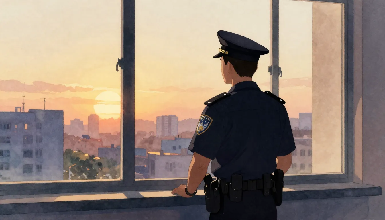Watercolor style. A silhouette of a man in a police cap stan...