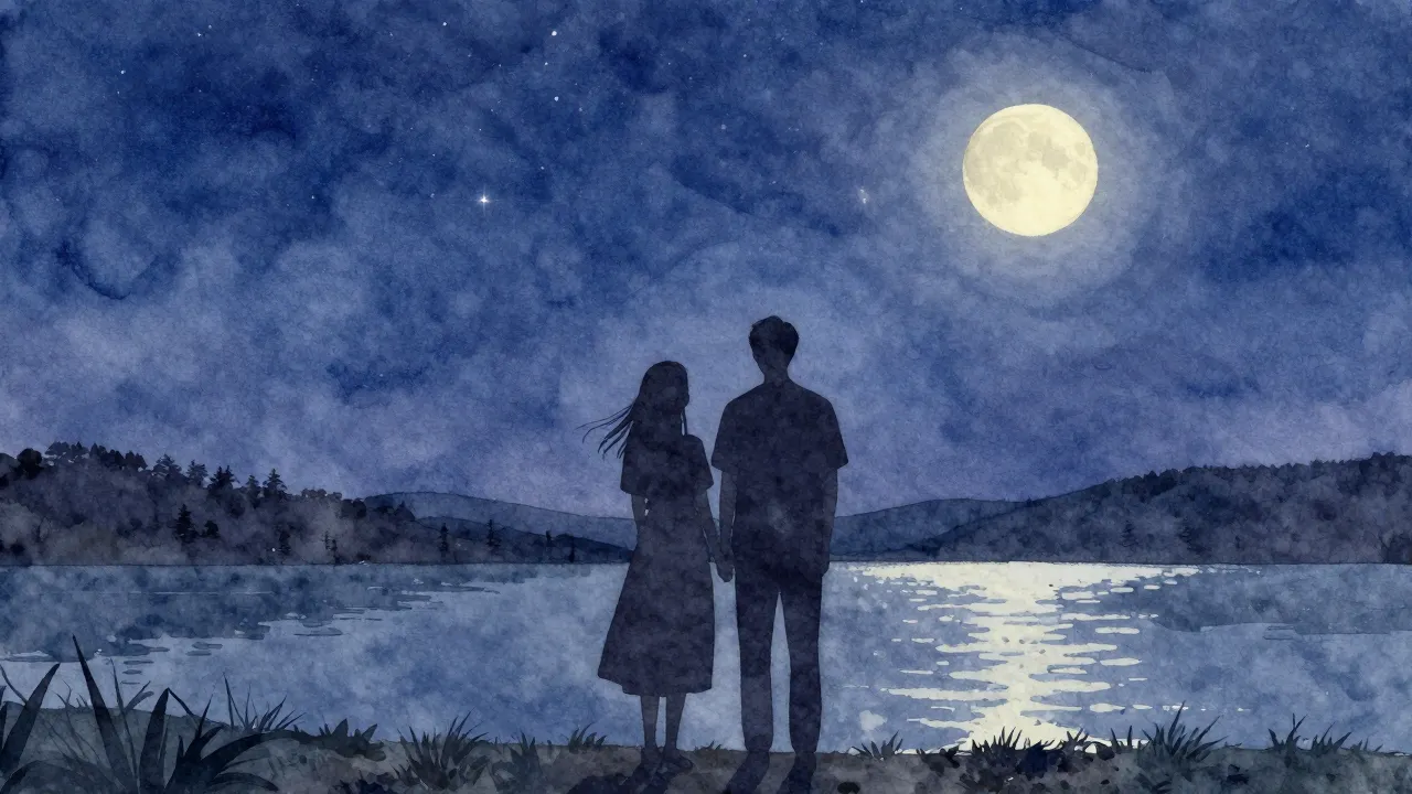 Watercolor style. Silhouette of a couple standing under a st...