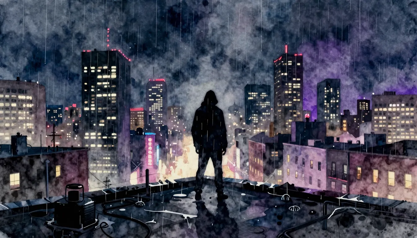Vibrant watercolor style. A dark, gritty hip-hop album cover...