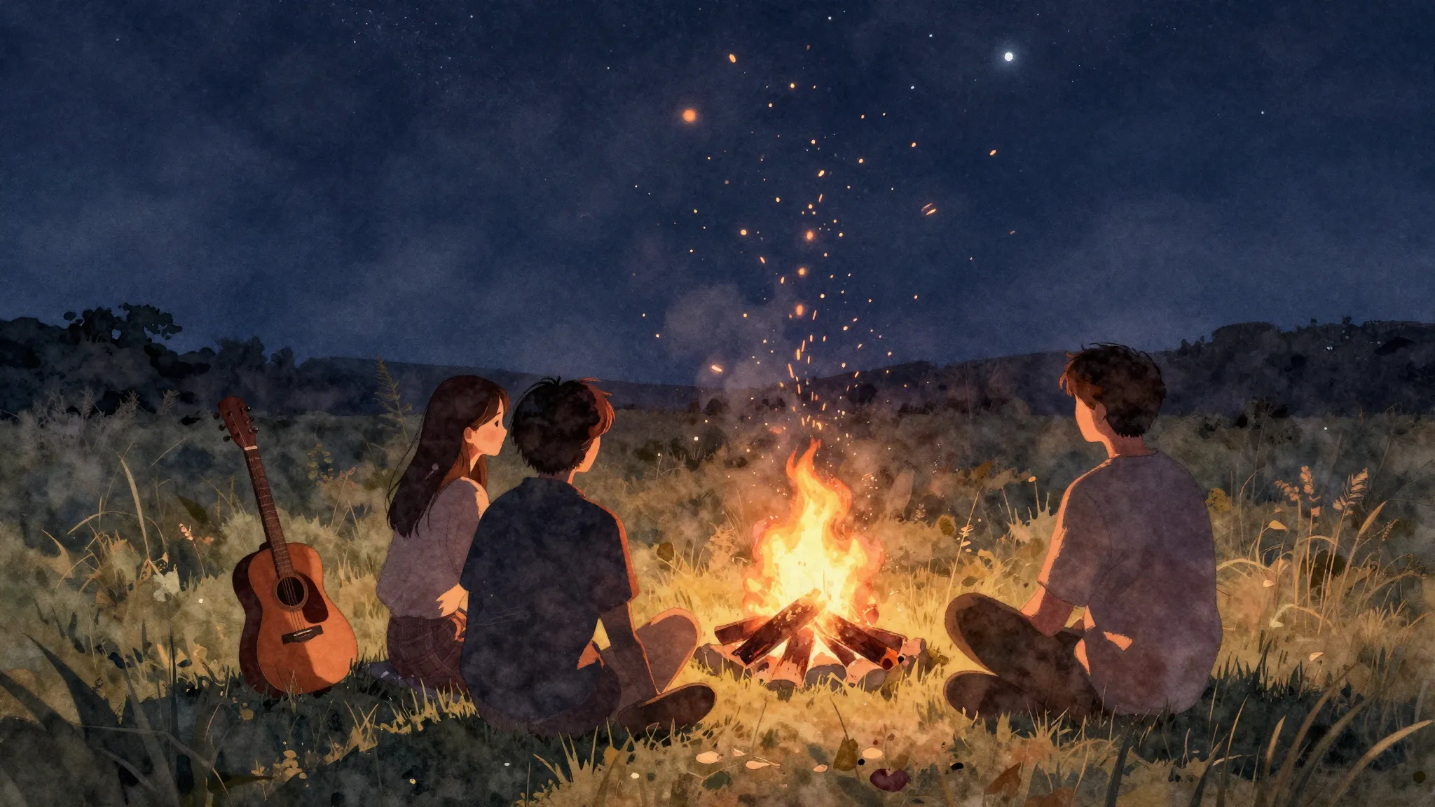 Watercolor style. Silhouettes of two friends sitting by a ca...