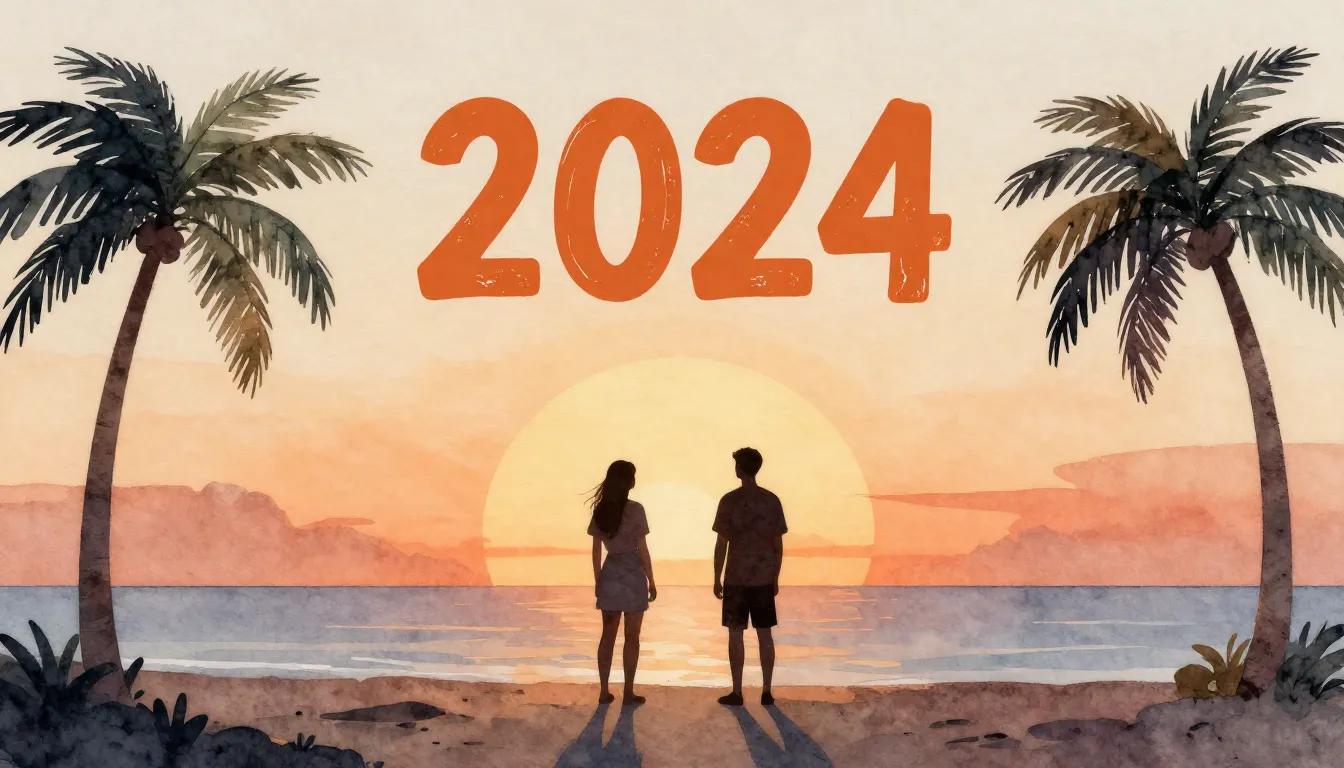 Watercolor style. Two silhouettes standing on a beach at sun...