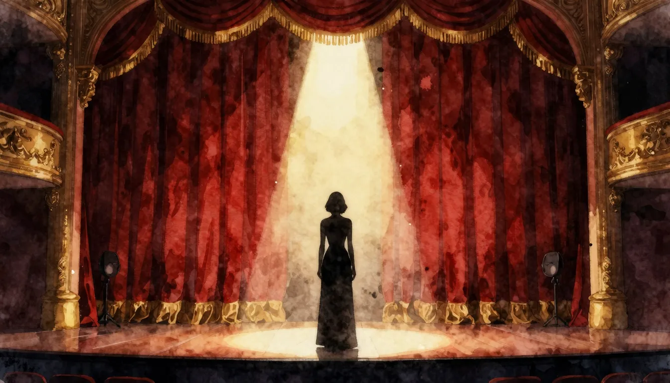 Watercolor style. A silhouette of a woman standing on a gran...