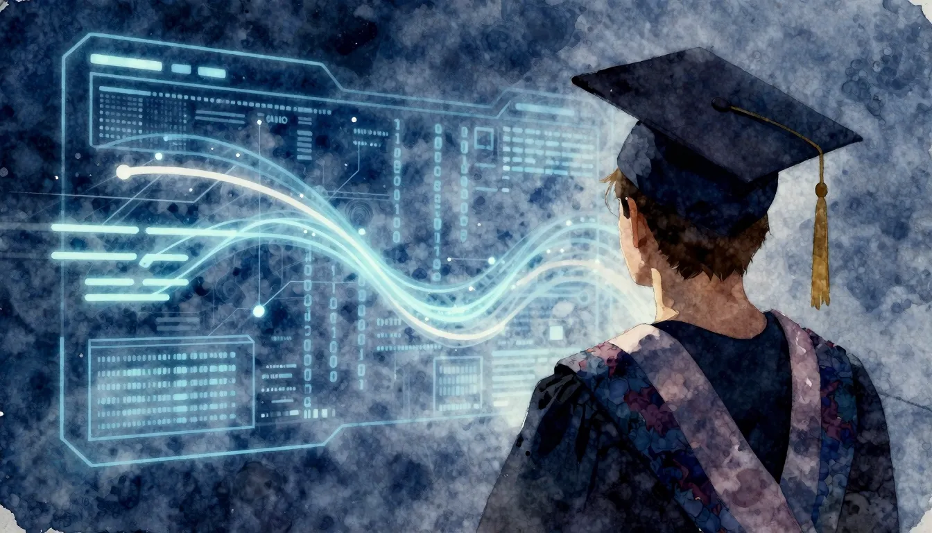 Watercolor style. A silhouette of a person in a graduation c...