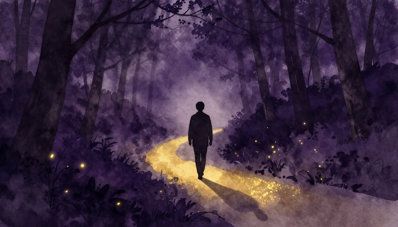Watercolor style. A silhouette of a person walking on a path...