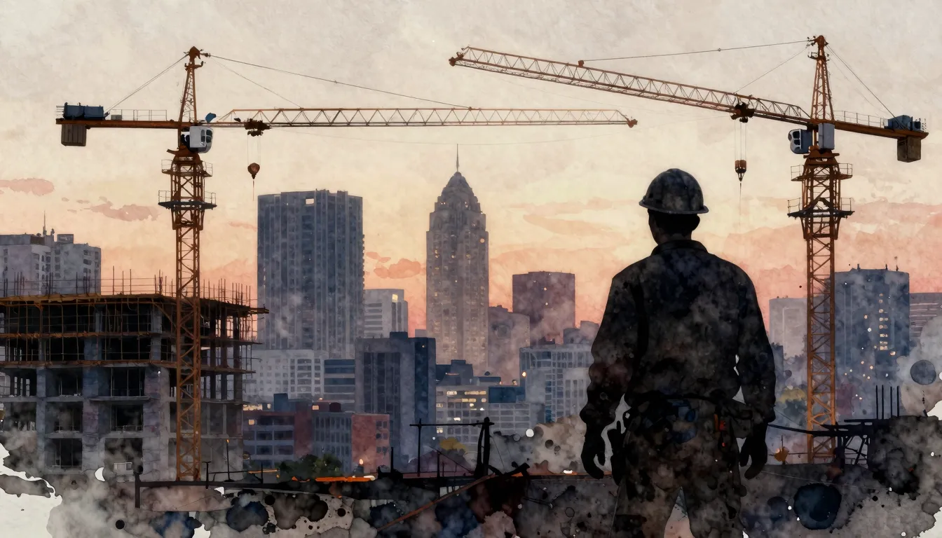Watercolor style. Silhouette of a construction worker agains...
