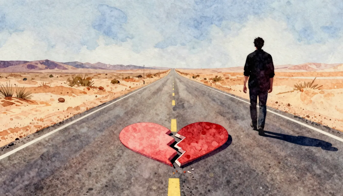 Vibrant watercolor style. Desert road, clear line, broken he...