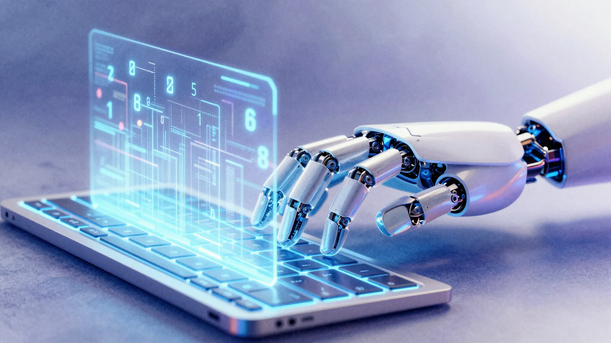 Watercolor style. A futuristic glowing robot hand typing on ...