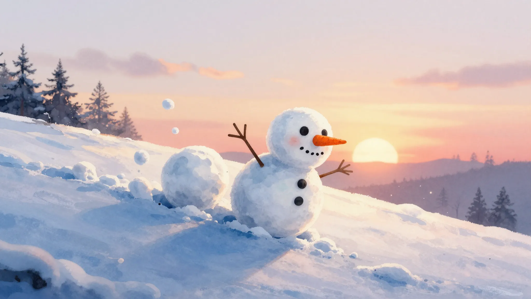 Watercolor style. A whimsical, cartoonish snowman made of th...
